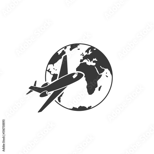 Travel on plane throughout world icon, international flights, flight airplane around globe