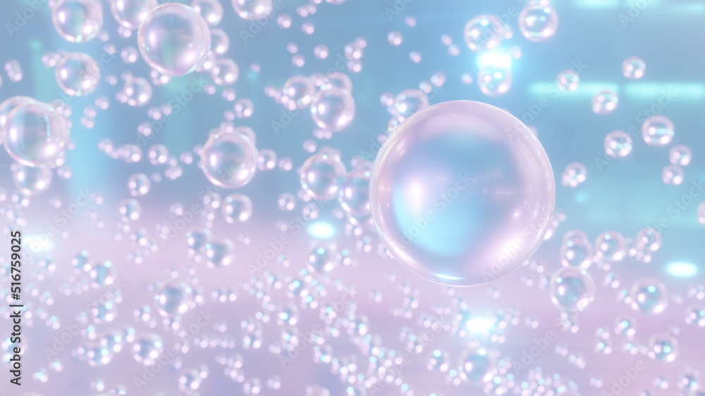 3D rendering of Cosmetics Pink Blue bubbles on defocus background. Collagen bubbles Design. Concept of vitamins for beauty and health.
