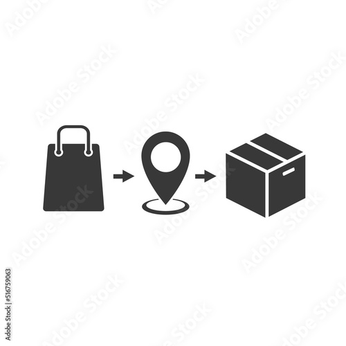 Click and collect order, icon, delivery truck, delivery services steps, receive order in pick up point