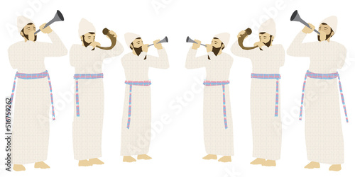 Six Jewish priests dressed in traditional clothing. Standing and blowing the shofar from a ram's horn and silver trumpets.
Colorful vector drawing on a white background.
Isolated characters. photo