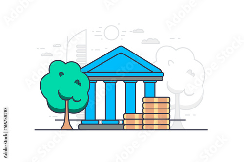 Banking concept in flat outline design. Economy and financial transactions. Vector illustration with colorful line web scene with bank building with columns and stack of coins on street cityscape