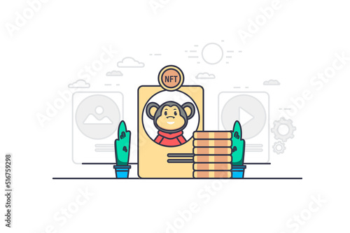 NFT concept in flat outline design. Create digital art to sell online with cryptocurrency. Vector illustration with colorful line web scene with non-fungible token on marketplace and stack of coins