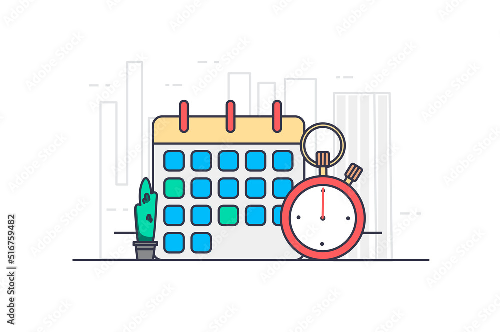 Deadline concept in flat outline design. Time management, organization and daily routine in office. Vector illustration with colorful line web scene with gamepad with calendar and clock counting time