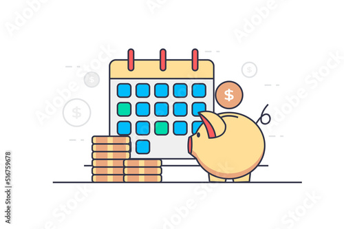 Planning financial budget concept in flat outline design. Auditing, accounting and money management. Vector illustration with colorful line web scene with calendar, piggy bank and stack of coins
