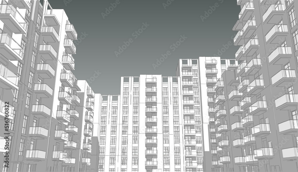 3d illustration of a crowded residential complex. Homes with balconies in high-rise buildings.  Mass housing perspective from inner courtyard. Grey colored image with dark sky background.