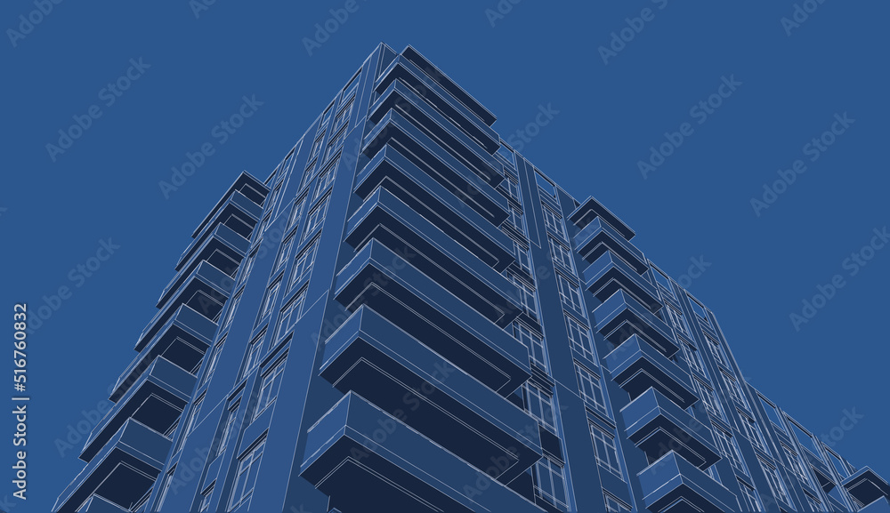 Partial 3d illustration of a residential tower. Housing units with ...