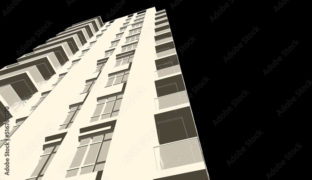 Partial 3d illustration of a residential tower. Housing units with ...