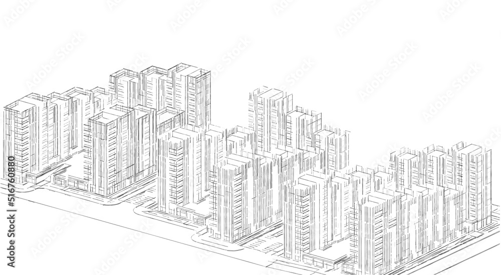 3d illustration drawing of a big residential complex. Mass housing in a crowded neighborhood. Monochrome image perspective.