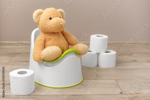 A soft toy sits on a potty. Toilet paper nearby.