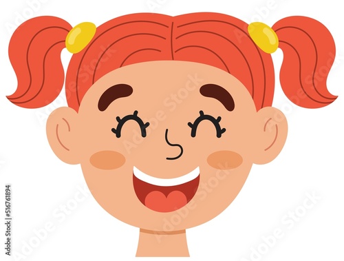 Happy girl face. Little kid smiling clipart. Excited emotion. Emotional expression head close-up. Feeling concept vector illustration