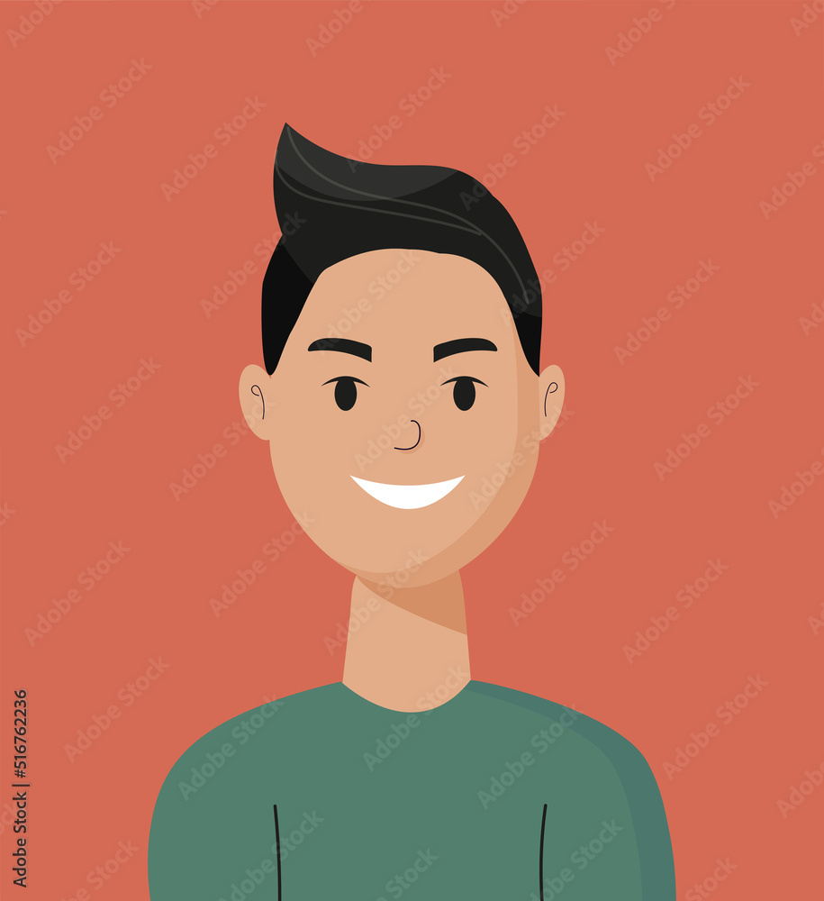 Happy smiling man portrait close-up flat vector illustration. Brunette male boy. Happiness concepts, life satisfaction, fulfillment, joyful teenager isolated. Single self-sufficient independent person