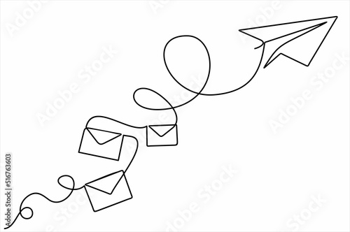 paper plane and envelopes e mail list building illustration continuous one line art illustration. Can used for logo, emblem, slide show and banner. Illustration with quote template. 