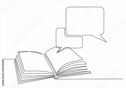 Continuous one line drawing open book with bubble for text. Vector illustration on white background.