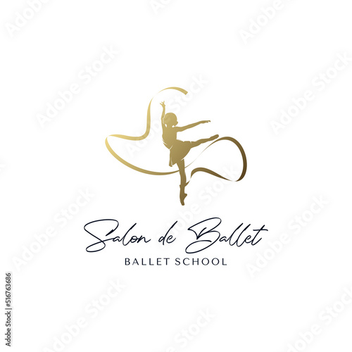Gold ballerina studio logo design template