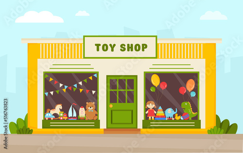 Toy store facade. Modern toy shop vector illustration. Retail trail. Toy store window. Shop window with toys: teddy bear, doll, elephant, car, train. Front view of toy shop.