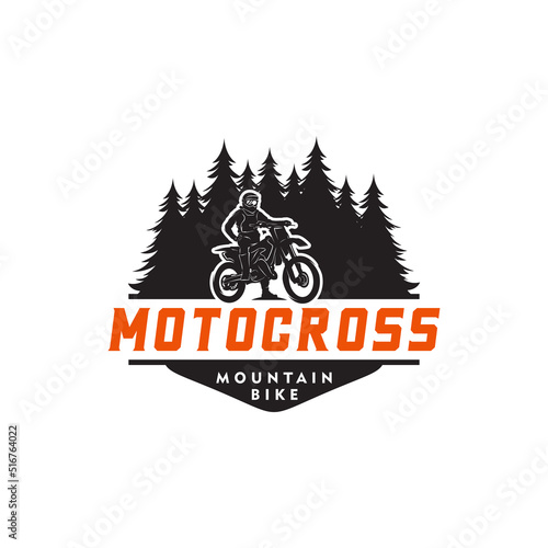 Motocross silhouette in the forest logo design template