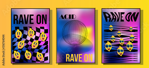 Set Of Cool Trendy Acid Rave Posters. Abstract trippy psychedelic lemon smile pattern.