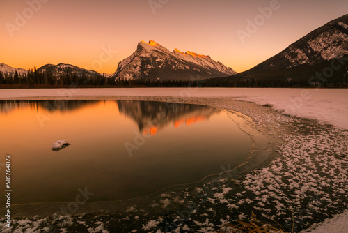 Mt Rundle reflection in Vermillion Lakes at sunset in winter