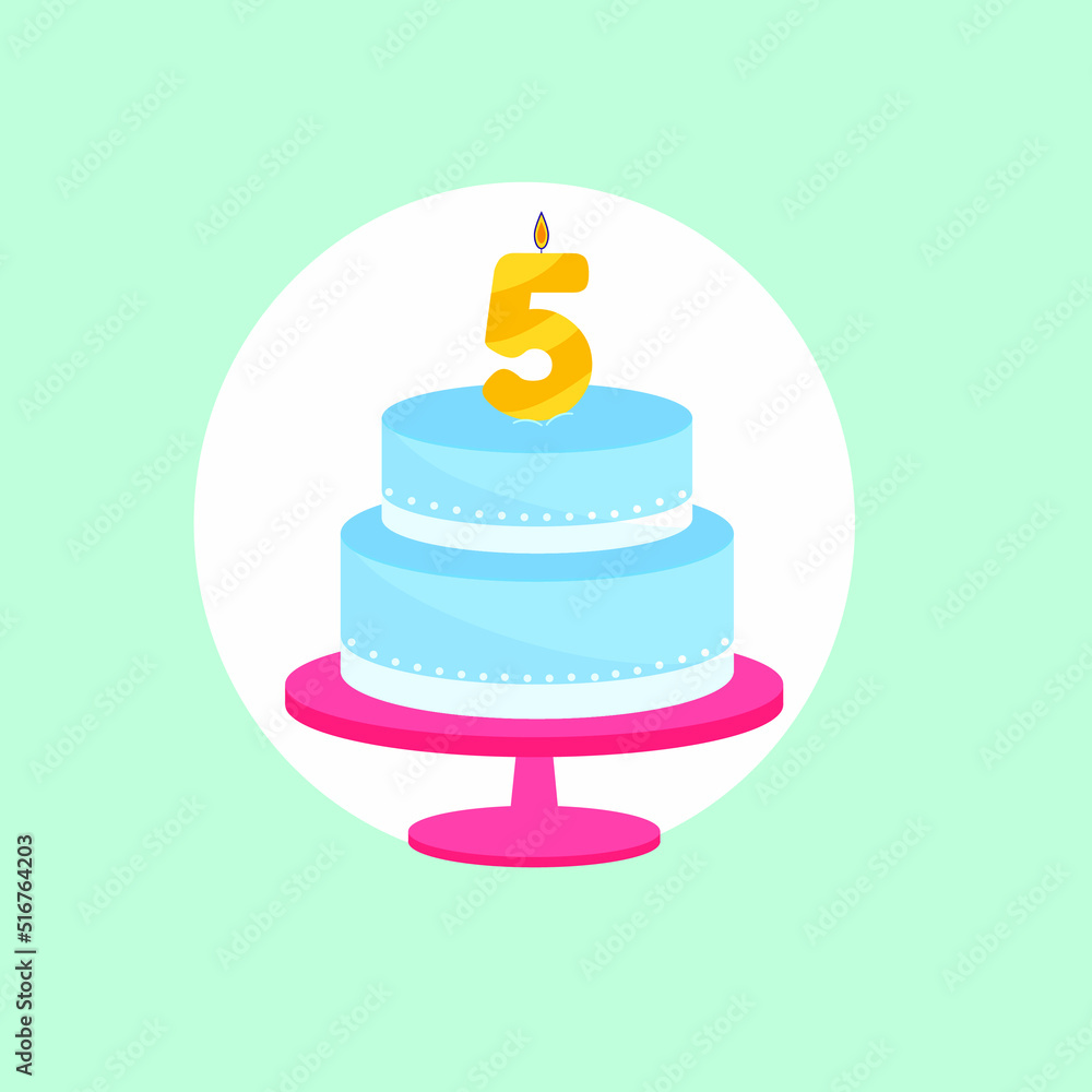 Holiday cake with a candle of age five. Vector illustration Holiday cake with a candle of age five. Vector illustration