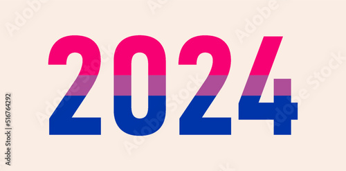 Happy New Year 2024. LGBTQ 2024 pride month with Bisexual flag colors. Vector symbol of pride month support