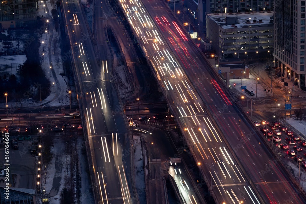 The city traffic on gardiner expressway in Toronto Canada at night
