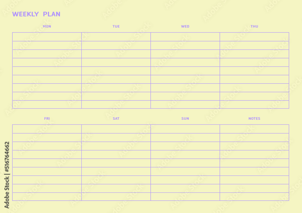 Note, scheduler, diary, calendar planner document template illustration. Weekly plan form. Note, scheduler, diary, calendar planner document template illustration. Weekly plan form.