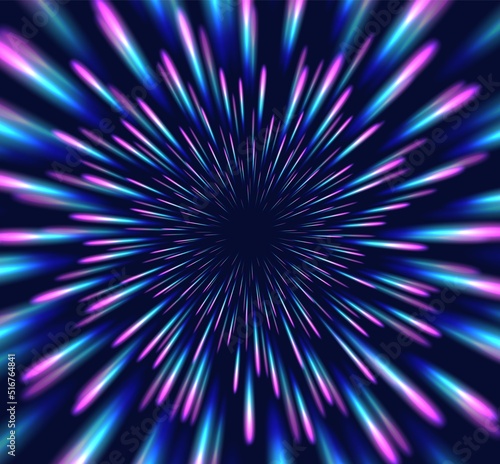 Neon star burst, colorful speed of light, cosmic hyperspace jump motion effect. Explosion in the Universe concept. Futuristic abstract backdrop with bright blue and purple rays. Vector illustration.