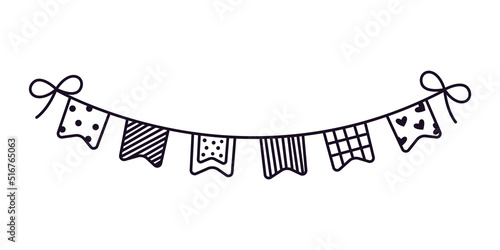 Hand drawn birthday or holiday flags for decoration. Black line doodle party garland. Vector illustration of carnival or festival bunting. Bullet journal divider elements for diary or notebook