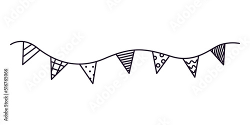 Hand drawn birthday or holiday flags for decoration. Black line doodle party garland. Vector illustration of carnival or festival bunting. Bullet journal divider elements for diary or notebook