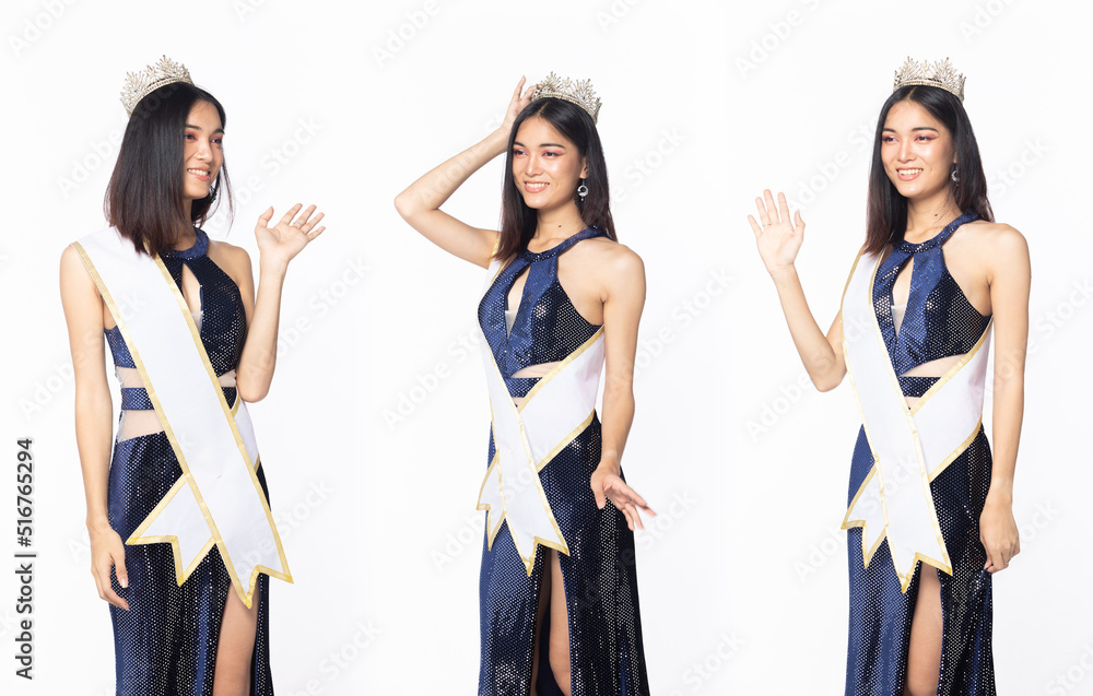 Obraz premium Half body of Miss Beauty Pageant Contest wear blue evening sequin gown with diamond crown sash