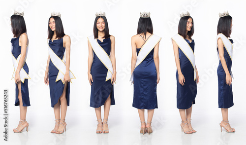 Photography Full length body of Miss Beauty Pageant Contest wear blue evening sequin gown wi