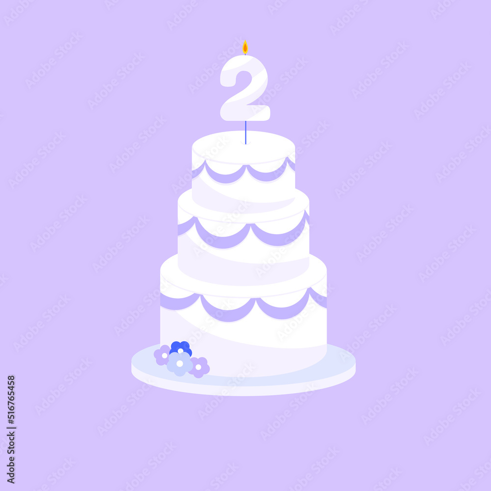 Festive cake with candle age two in flat style. Vector illustration Festive cake with candle age two in flat style. Vector illustration