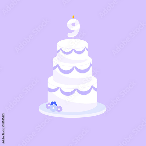 Holiday cake with age nine candle in flat style. Vector illustration