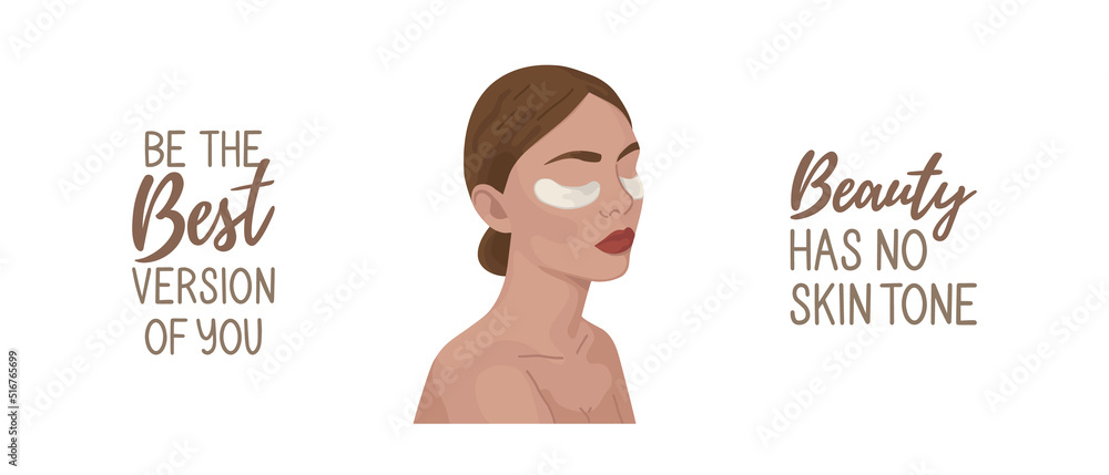 Fototapeta premium Set of hand-drawn illustrations in a minimalist style. Portrait of a woman with patches and lettering. The inscription beauty has no skin tone. Be the best version of you. Vector illustration, sticker