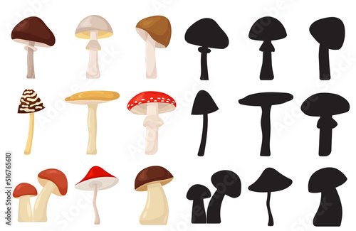 mushrooms set silhouette in flat style, isolated, vector