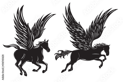 flying pegasi black silhouette isolated, vector