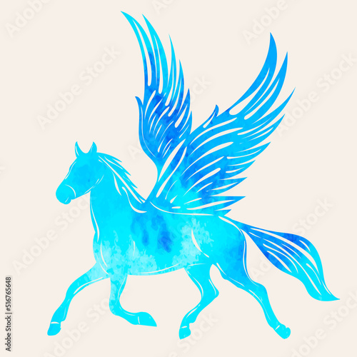 pegasus with wings blue watercolor silhouette isolated