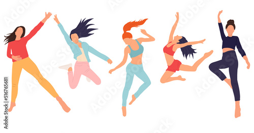 women jumping in flat style, isolated, vector
