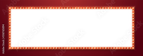 Marquee frame with red border, retro casino signboard with white background. Vintage circus banner with yellow light bulbs. Vector illutration.