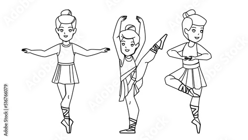 Girls Children Dancing Ballet In Classroom Vector. Schoolgirls Kids Practicing And Exercising Ballet Motion In Class Room Togetherness. Characters Dance Performance black line illustration