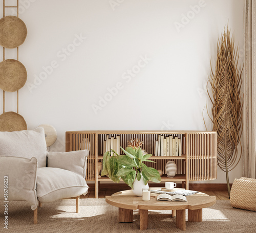 Home interior mockup, living room in pastel colors with wooden furniture, 3d render photo