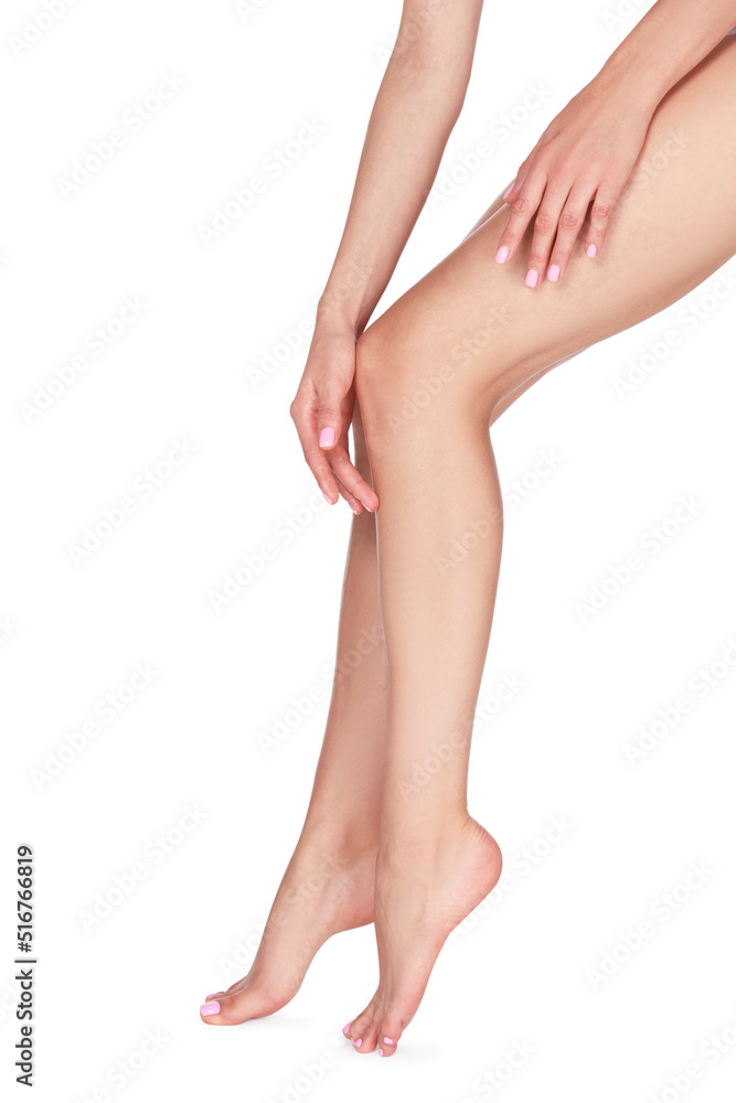 Woman with beautiful long legs on white background, closeup Woman with beautiful long legs on white background, closeup