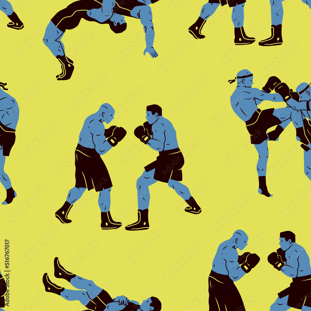 Wrestlers, boxers, muai thai fighters. Boxing, sports, workout, martial arts, mixed fight, mma concept. Cartoon style. Hand drawn modern Vector illustration. Square seamless Pattern