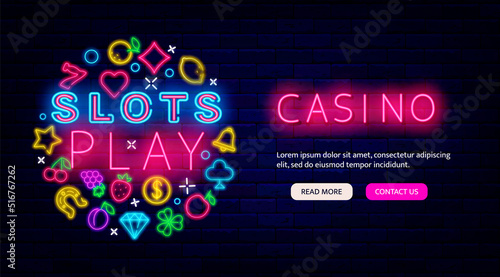 Slots play neon circle layout with headline text. Casino promotion flyer. Website landing page. Vector illustration