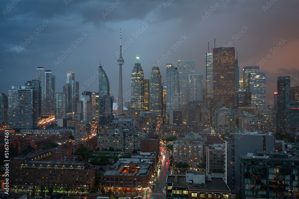The financial district of Toronto Canada during a storm