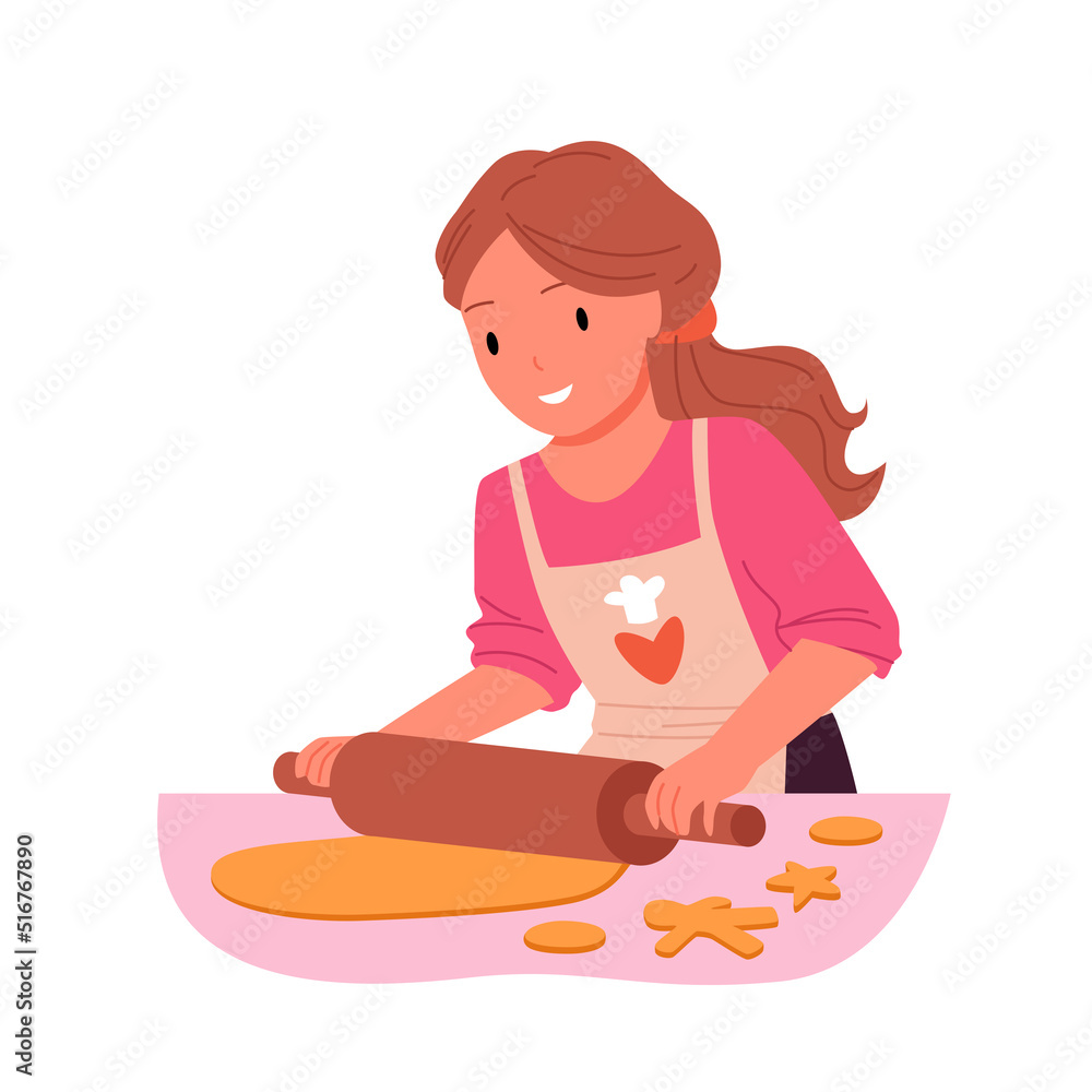 Girl making cookies at table vector illustration. Cartoon isolated young cute baker in apron holding rolling pin, using kitchen utensils to make dough for homemade cake and cook dessert for dinner Girl making cookies at table vector illustration. Cartoon isolated young cute baker in apron holding rolling pin, using kitchen utensils to make dough for homemade cake and cook dessert for dinner