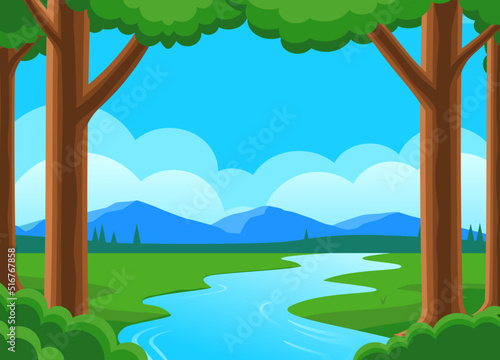 River in the forest and mountains cartoon vector landscape. River in the woods. Nature background. 