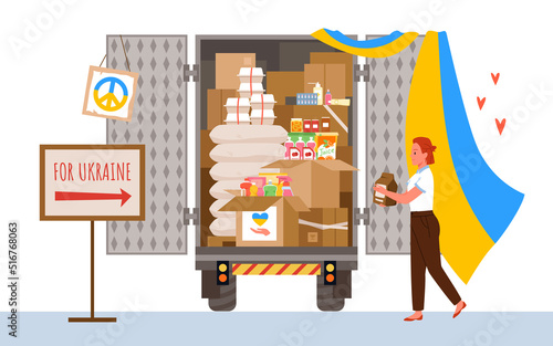 Humanitarian aid, help and donation for Ukraine vector illustration. Cartoon woman volunteer giving box to donate food, medical and hygiene materials for Ukrainian refugees from military zone