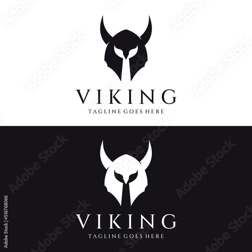 Viking warrior helmet logo with horned helmet and viking with the letter V. The logo can be used for boats, sports and others.
