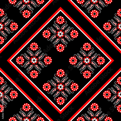 Floral three tone red black white ethnic pattern for fabric design, headscarf, hijab, tablecloth. Vector seamless background.